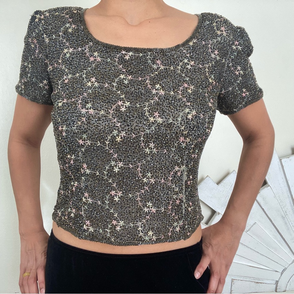 Vintage 90s Embroidered Beaded Flower Top